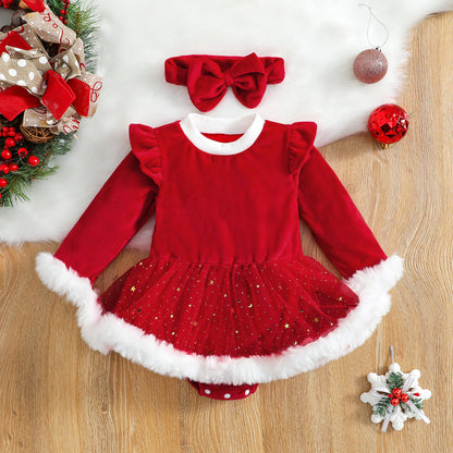 Robe barboteuse bébé Noël rouge à tutu pailleté et fausse fourrure, avec bandeau à nœud