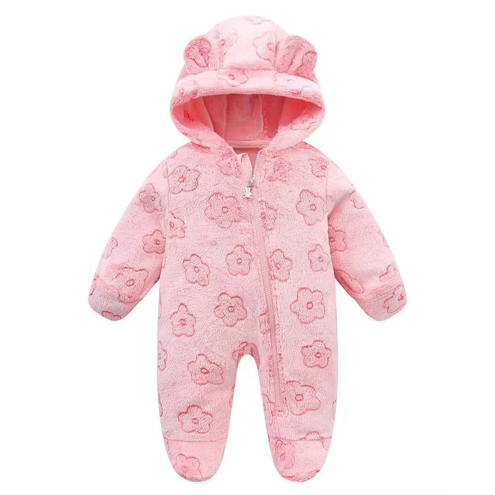 Combinaison bébé polaire rose à fleurs ton sur ton, capuche oreilles d&