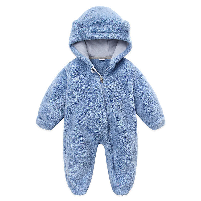 Combinaison bébé polaire peluche bleu ciel à capuche oreilles d&