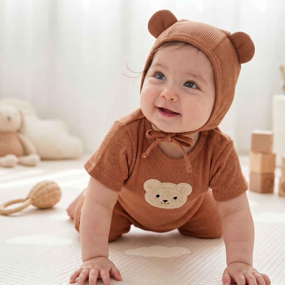 Ensemble Barboteuse + Bonnet Bébé Ourson