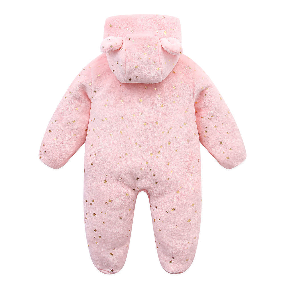 Dos de la combinaison bébé polaire rose à capuche ourson