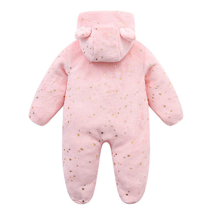 Dos de la combinaison bébé polaire rose à capuche ourson
