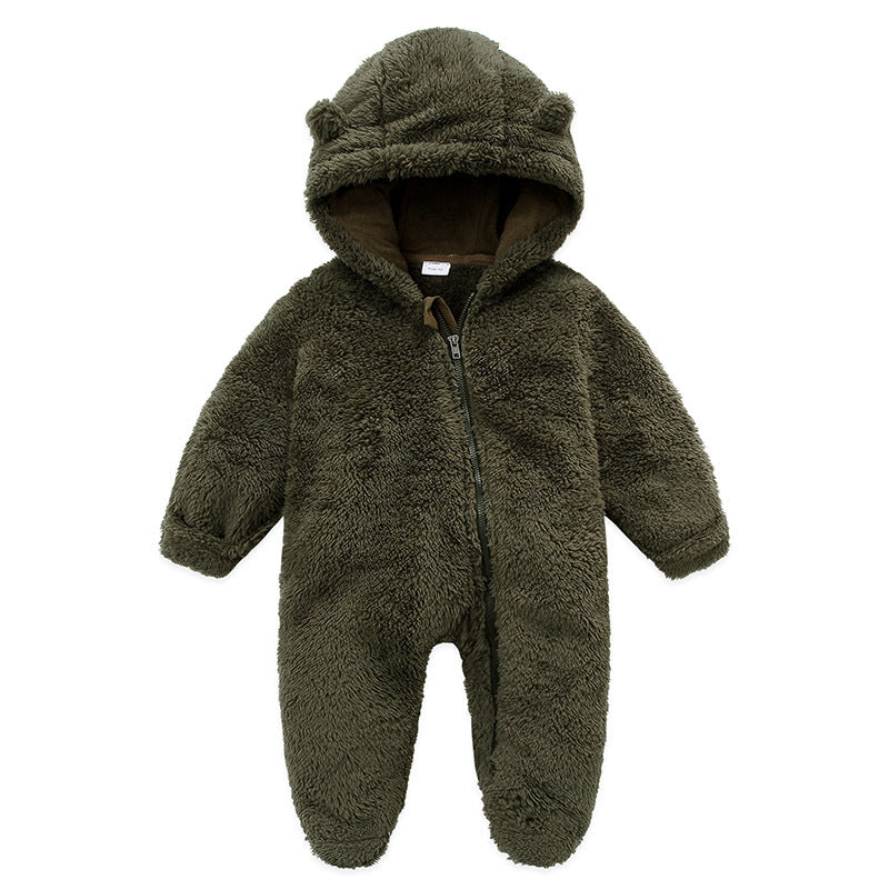 Combinaison bébé polaire peluche vert kaki à capuche oreilles d&