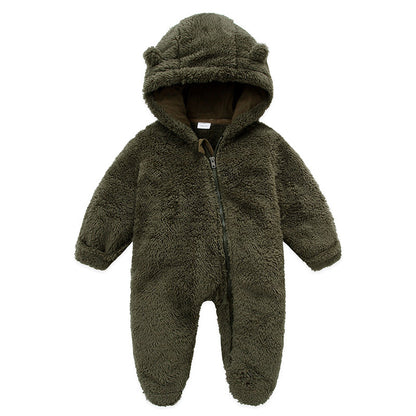 Combinaison bébé polaire peluche vert kaki à capuche oreilles d&
