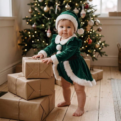 Robe Barboteuse Bébé Mère Noël en Velours avec Bonnet – 1-18 mois