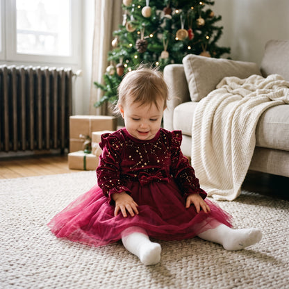 Robe de Noël Fille en Velours à Étoiles Dorées et Tulle – 1-8 ans