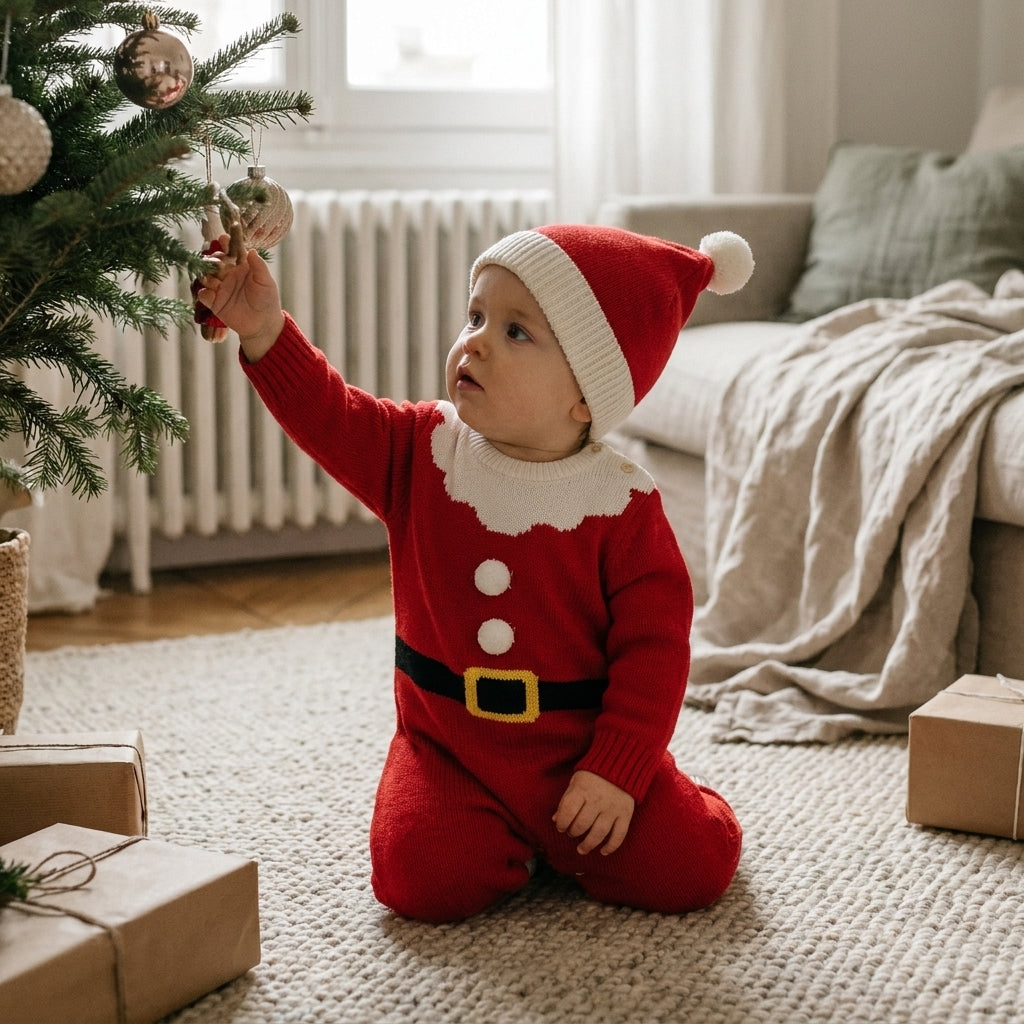 Combinaison Bébé Noël en Tricot – Père Noël avec Bonnet 3-18 mois