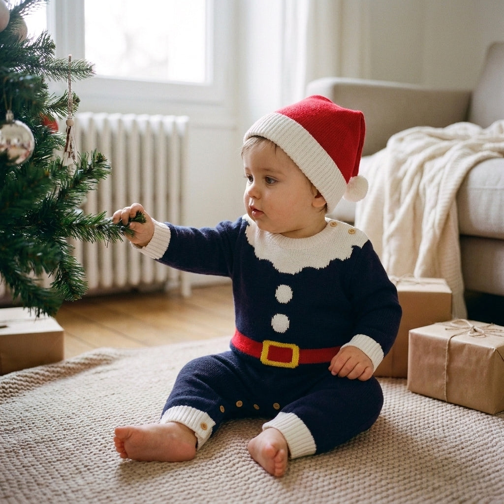 Combinaison Bébé Noël en Tricot – Père Noël avec Bonnet 3-18 mois