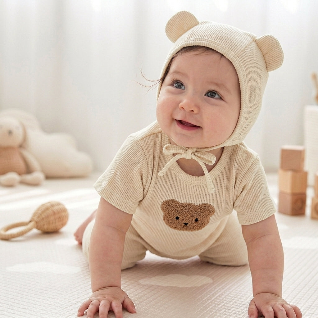 Ensemble Barboteuse + Bonnet Bébé Ourson