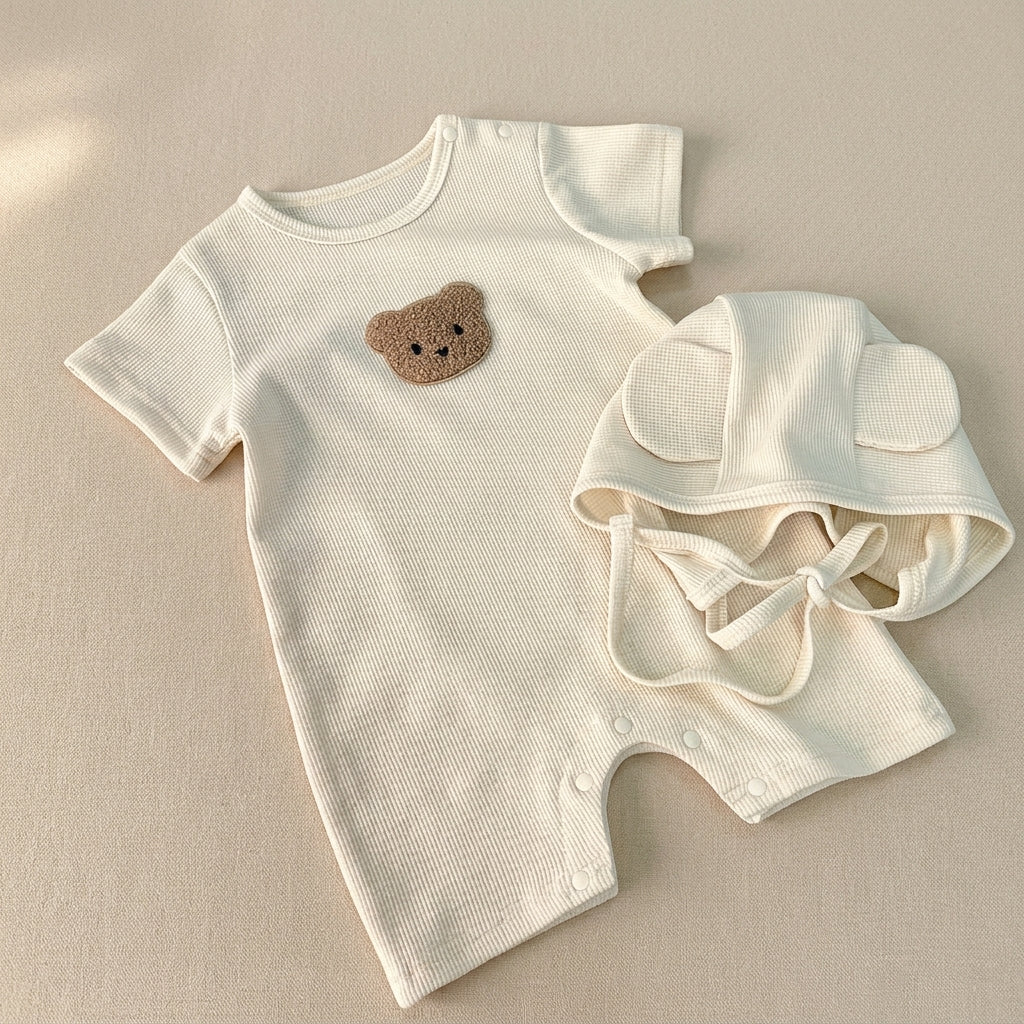 Ensemble Barboteuse + Bonnet Bébé Ourson