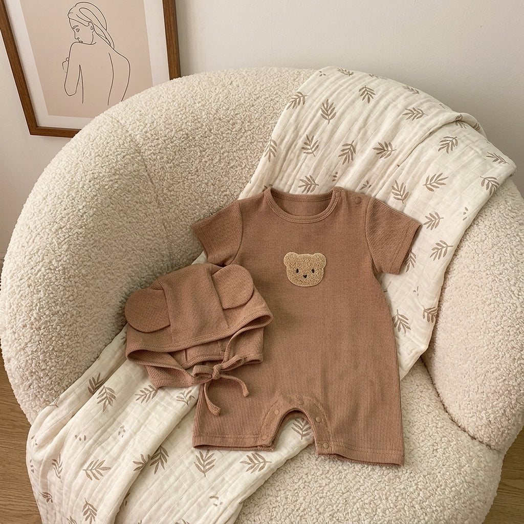 Ensemble Barboteuse + Bonnet Bébé Ourson