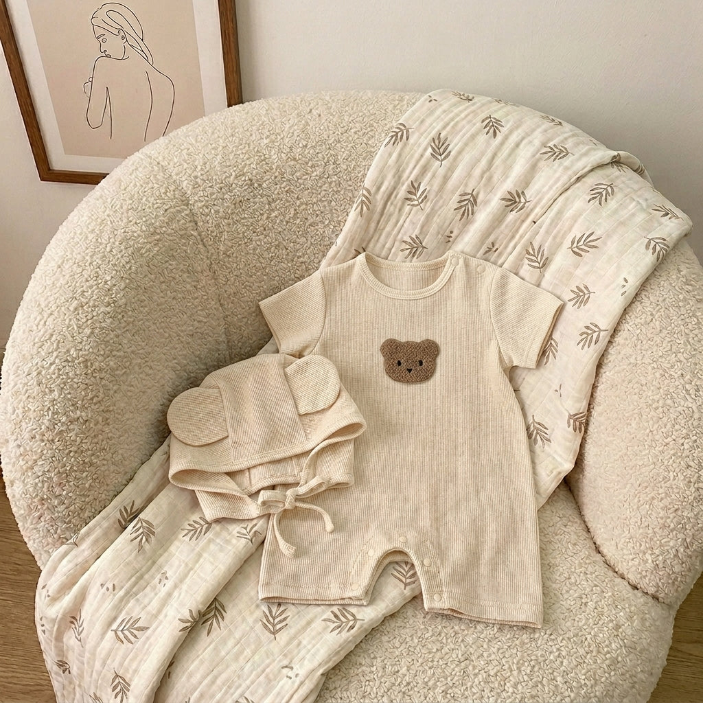 Ensemble Barboteuse + Bonnet Bébé Ourson