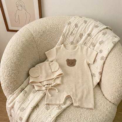 Ensemble Barboteuse + Bonnet Bébé Ourson