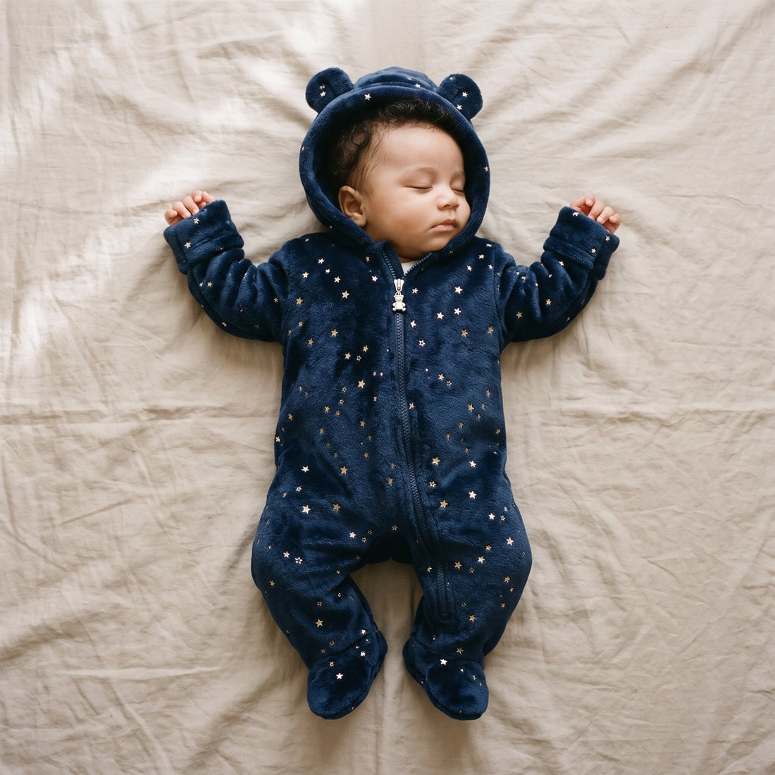 Combinaison Bébé Polaire Étoiles Dorées à Capuche Ourson – 0-12 mois