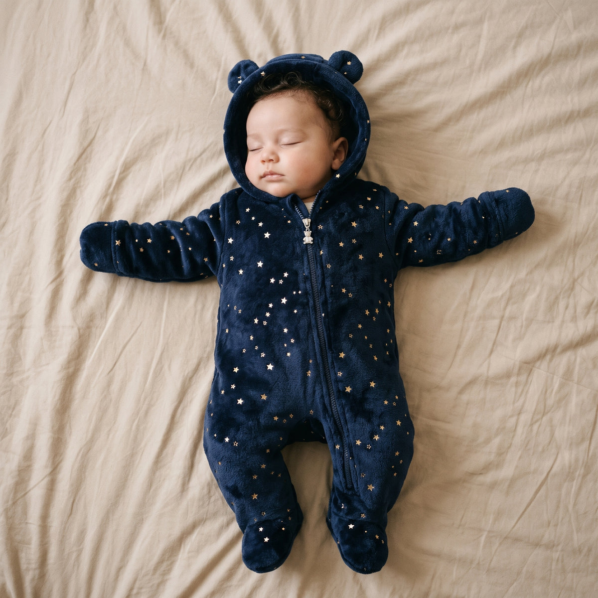 Combinaison Bébé Polaire Étoiles Dorées à Capuche Ourson – 0-12 mois