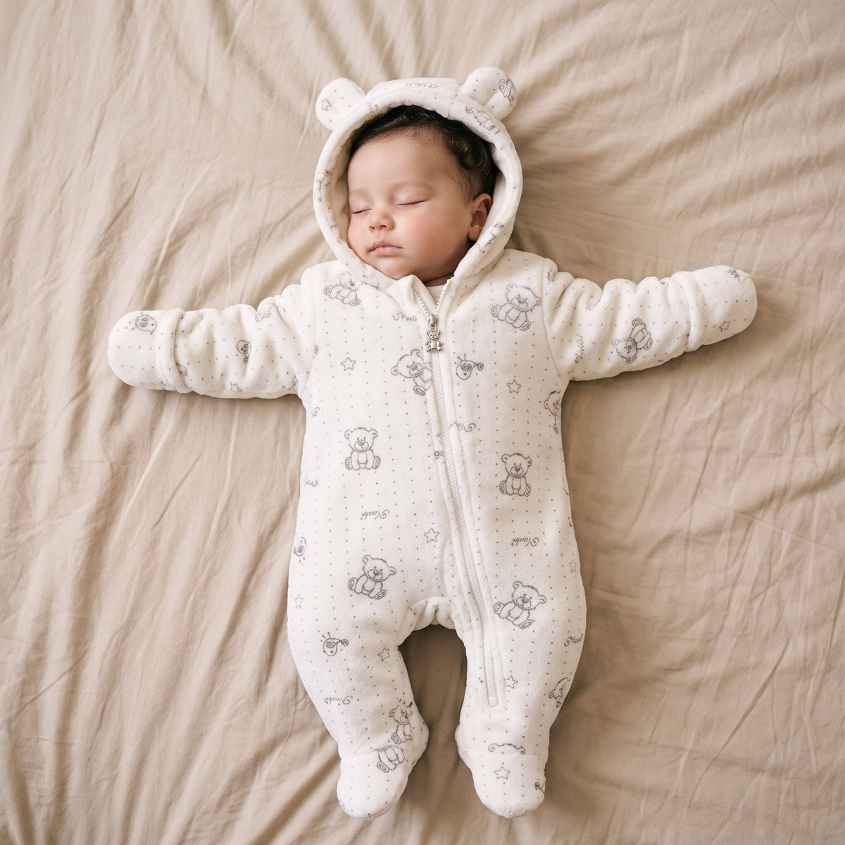 Combinaison Bébé Polaire Étoiles Dorées à Capuche Ourson – 0-12 mois