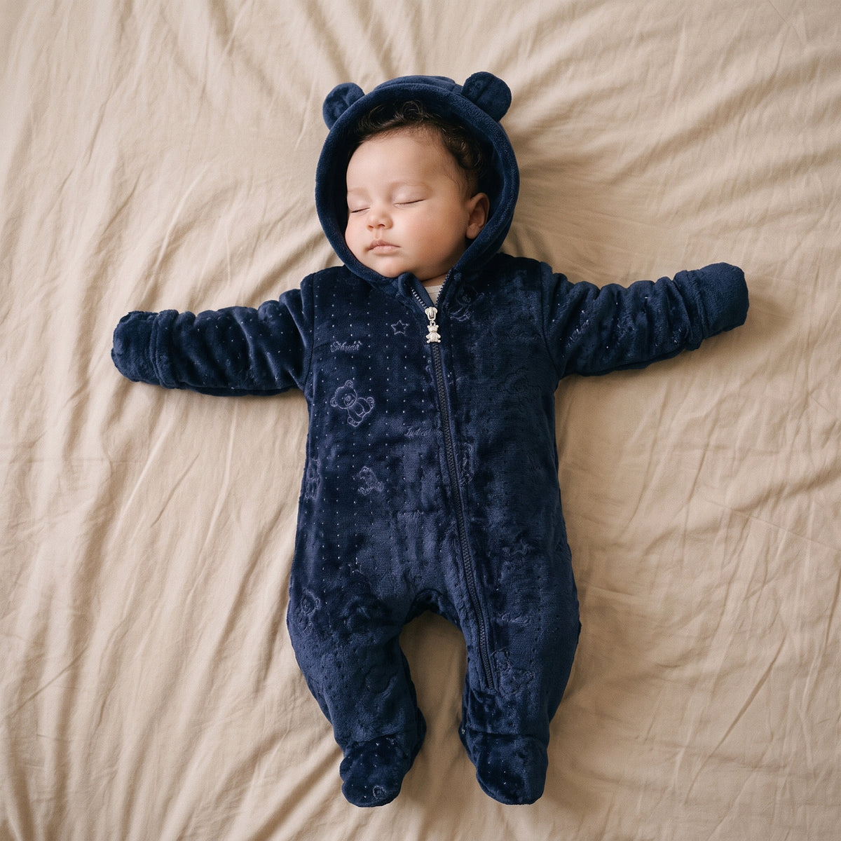Combinaison Bébé Polaire Étoiles Dorées à Capuche Ourson – 0-12 mois