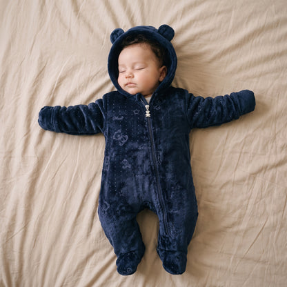 Combinaison Bébé Polaire Étoiles Dorées à Capuche Ourson – 0-12 mois