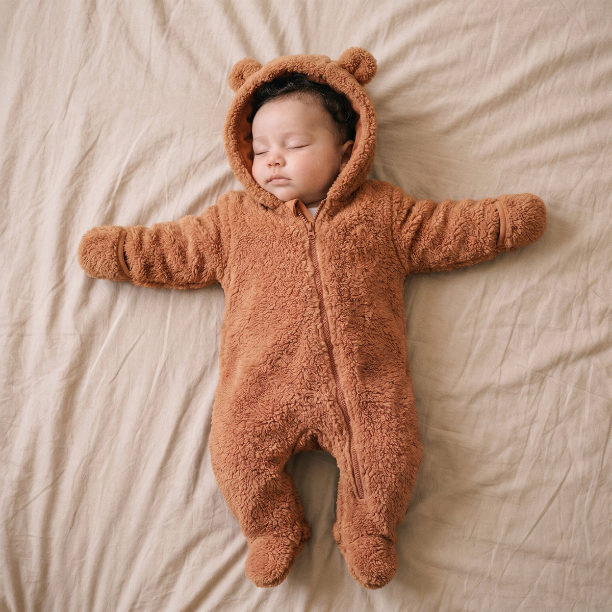 Bébé endormi dans une combinaison bébé polaire peluche marron à capuche ourson