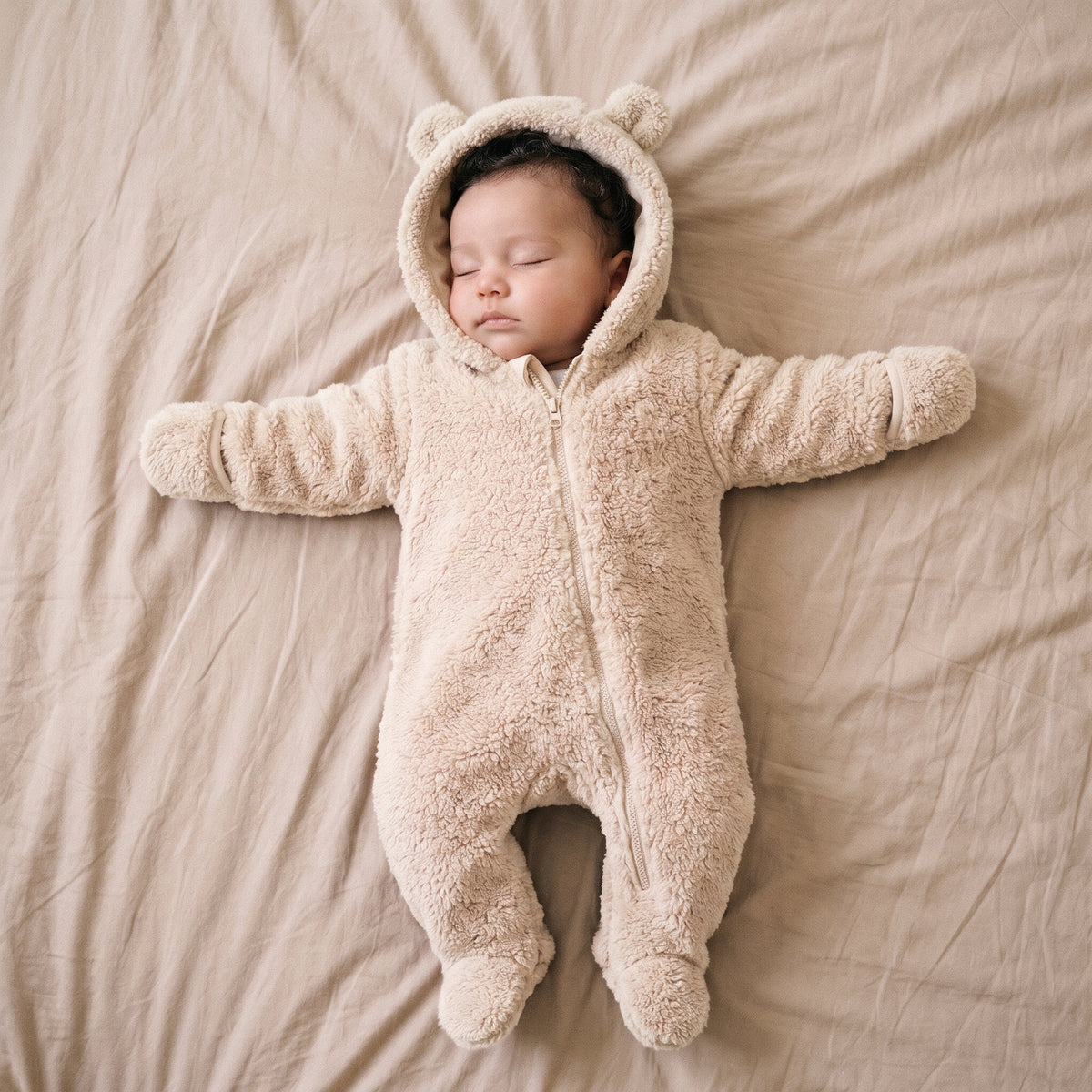 Bébé endormi dans une combinaison bébé polaire peluche beige à capuche oreilles d&