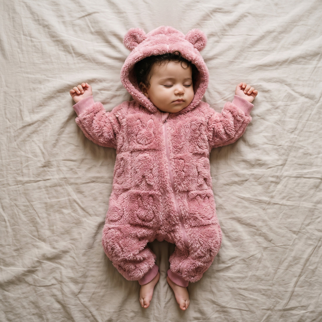 Bébé endormi dans une combinaison bébé polaire doublée sherpa rose à capuche ourson