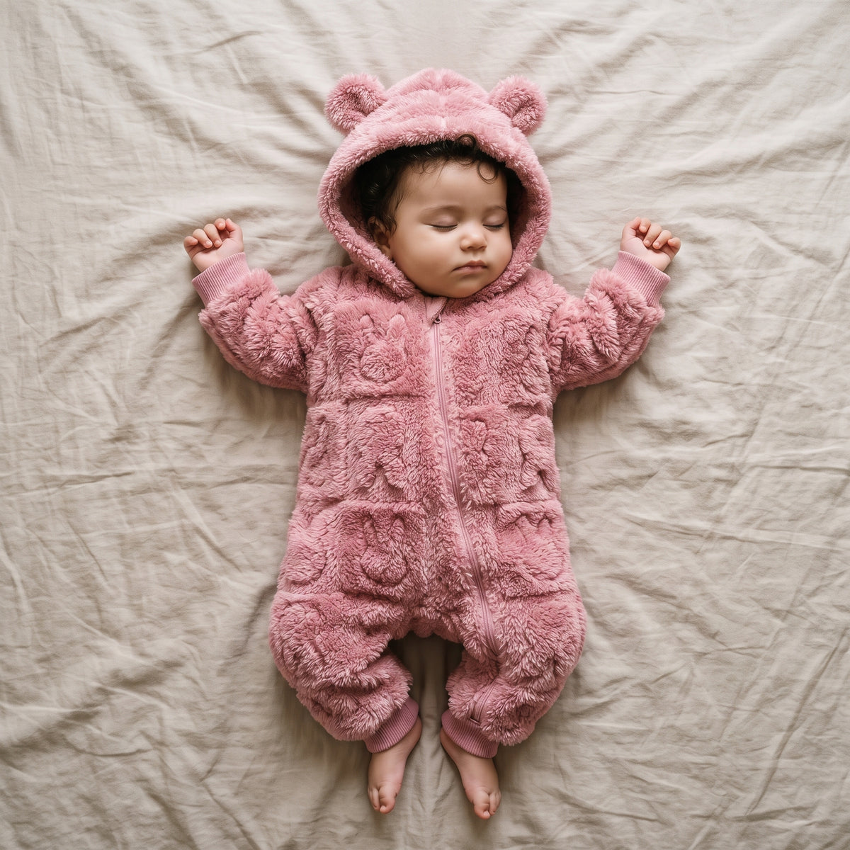 Bébé endormi dans une combinaison bébé polaire doublée sherpa rose à capuche ourson