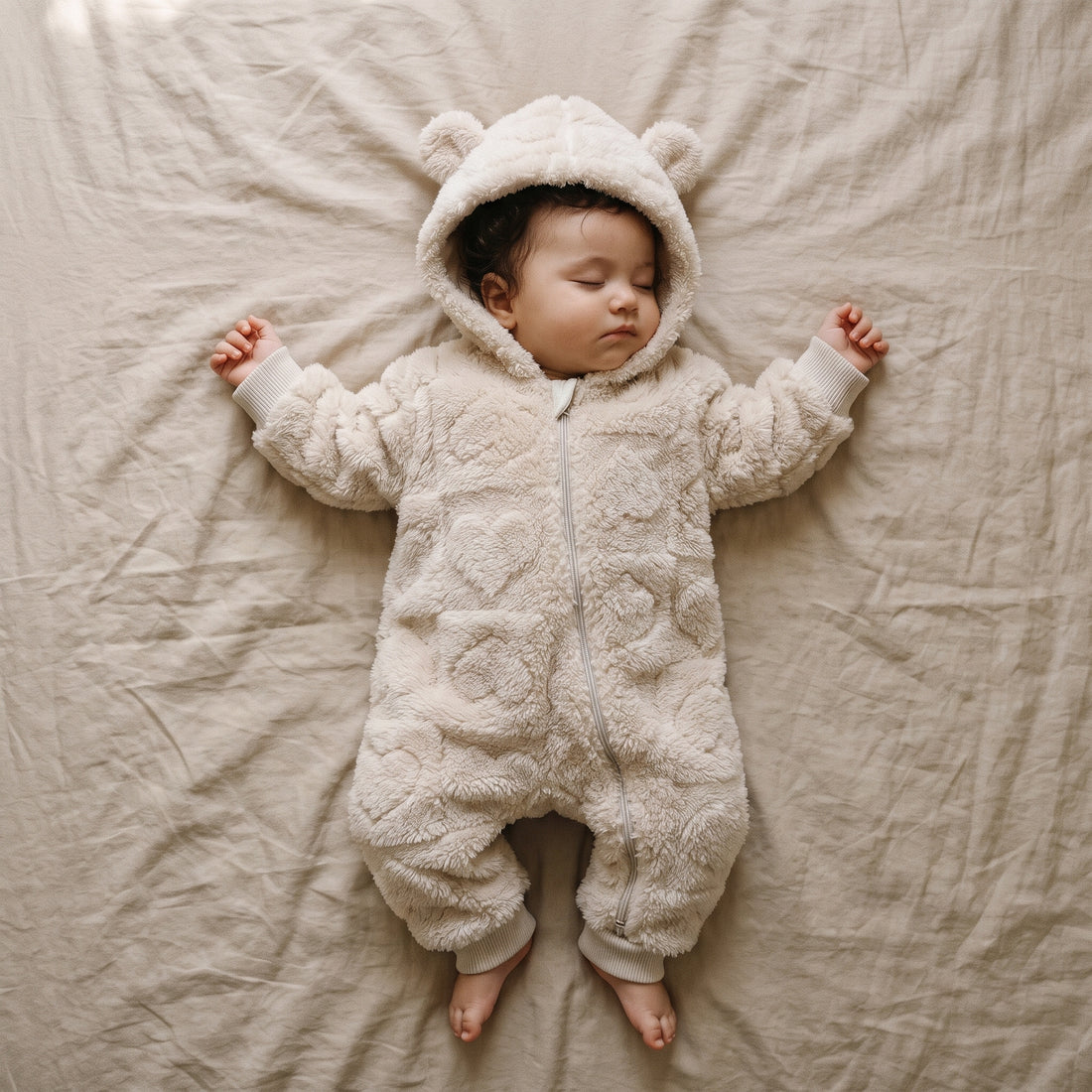 Bébé endormi dans une combinaison bébé polaire doublée sherpa beige à capuche ourson