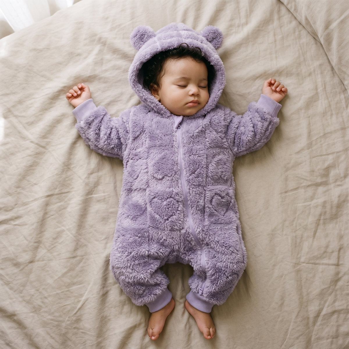 Bébé endormi dans une combinaison bébé polaire doublée sherpa lilas à capuche ourson