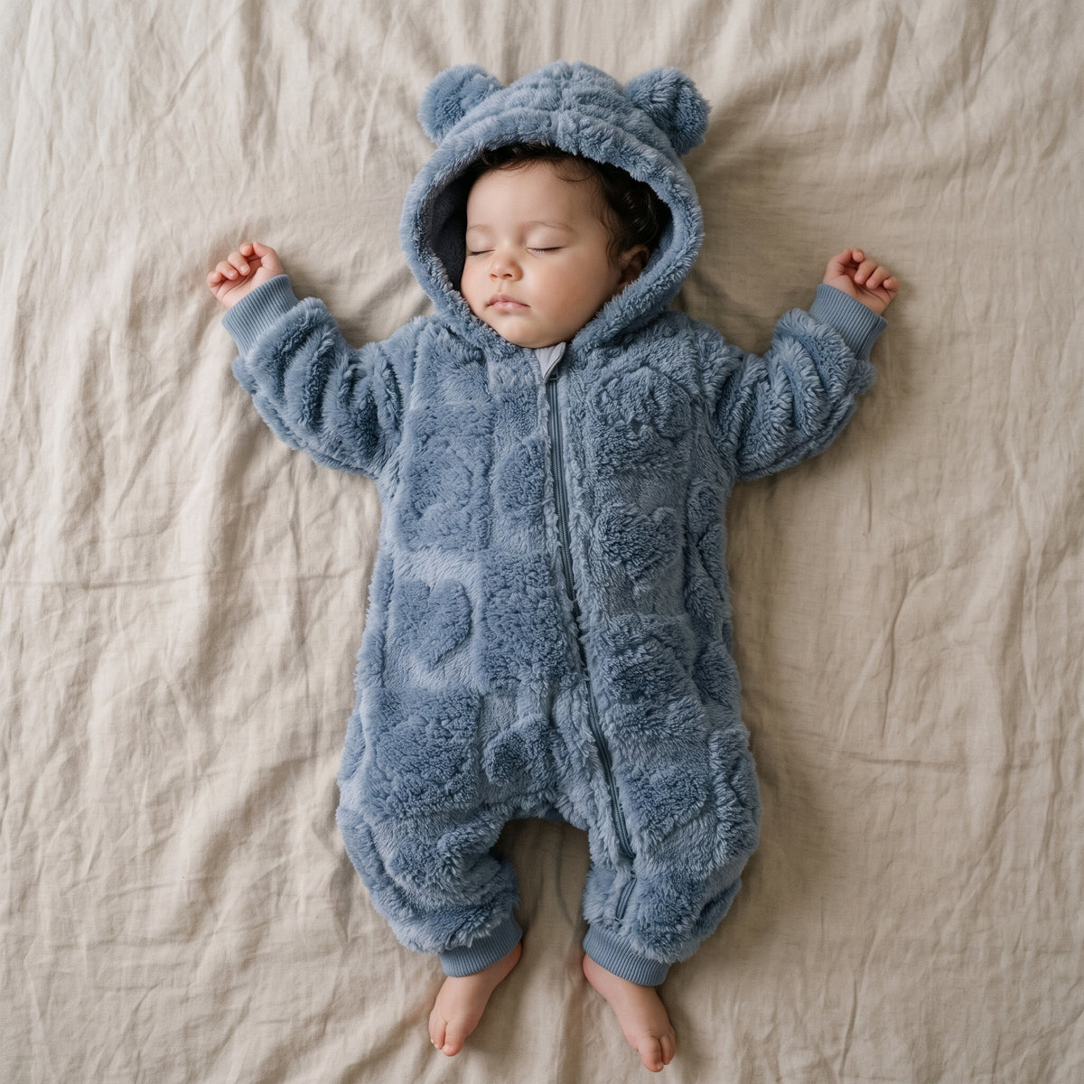 Bébé endormi dans une combinaison bébé polaire doublée sherpa bleu gris à capuche ourson