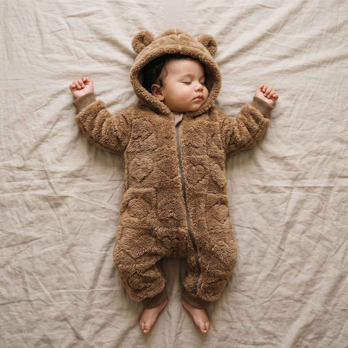 Bébé endormi dans une combinaison bébé polaire doublée sherpa marron à capuche ourson