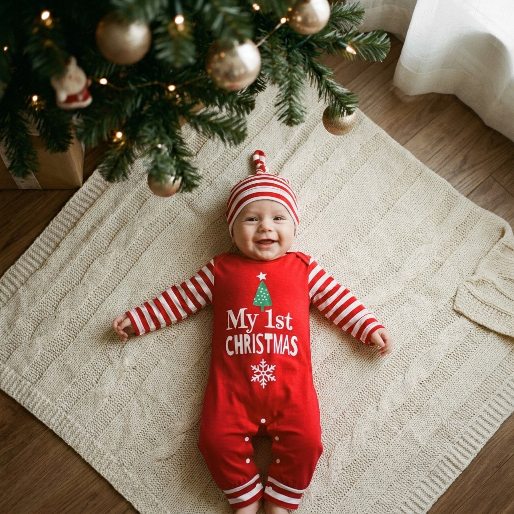 Combinaison Bébé Premier Noël Rayée avec Bonnet – 0-18 mois