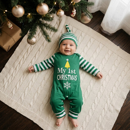 Combinaison Bébé Premier Noël Rayée avec Bonnet – 0-18 mois