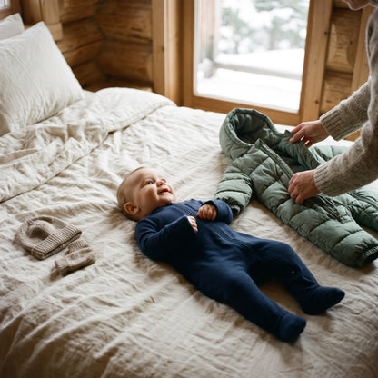 Bébé en grenouillère bleu marine à pieds fermés sur le lit, avant d&