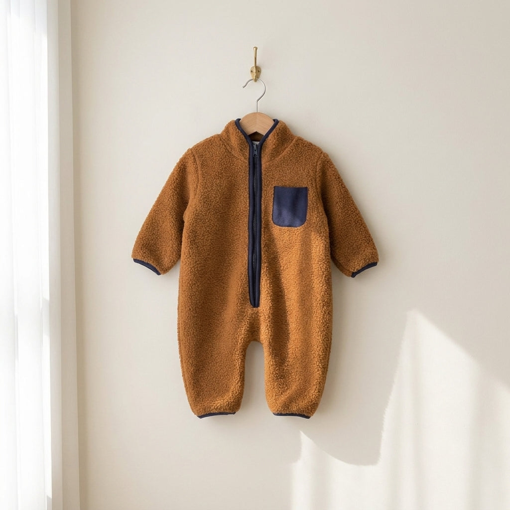 Combinaison polaire bébé zippée caramel sur cintre en bois