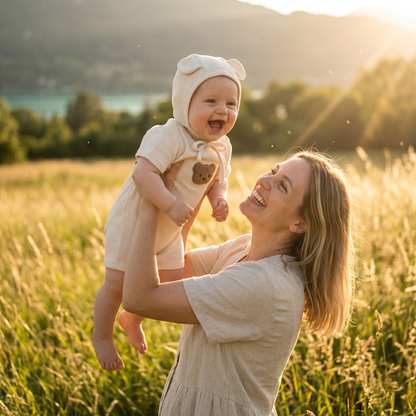 Ensemble Barboteuse + Bonnet Bébé Ourson