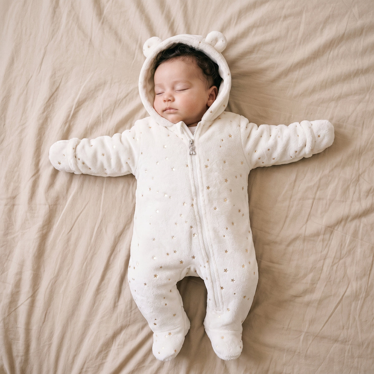 Combinaison Bébé Polaire Étoiles Dorées à Capuche Ourson – 0-12 mois