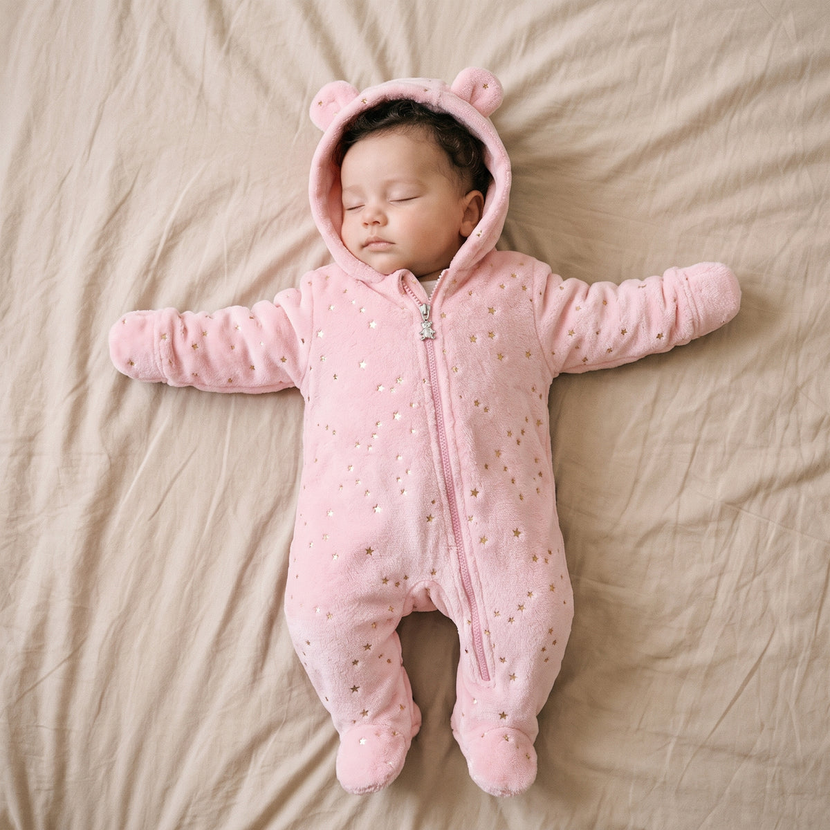 Combinaison Bébé Polaire Étoiles Dorées à Capuche Ourson – 0-12 mois