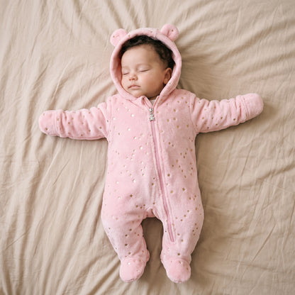 Combinaison Bébé Polaire Étoiles Dorées à Capuche Ourson – 0-12 mois