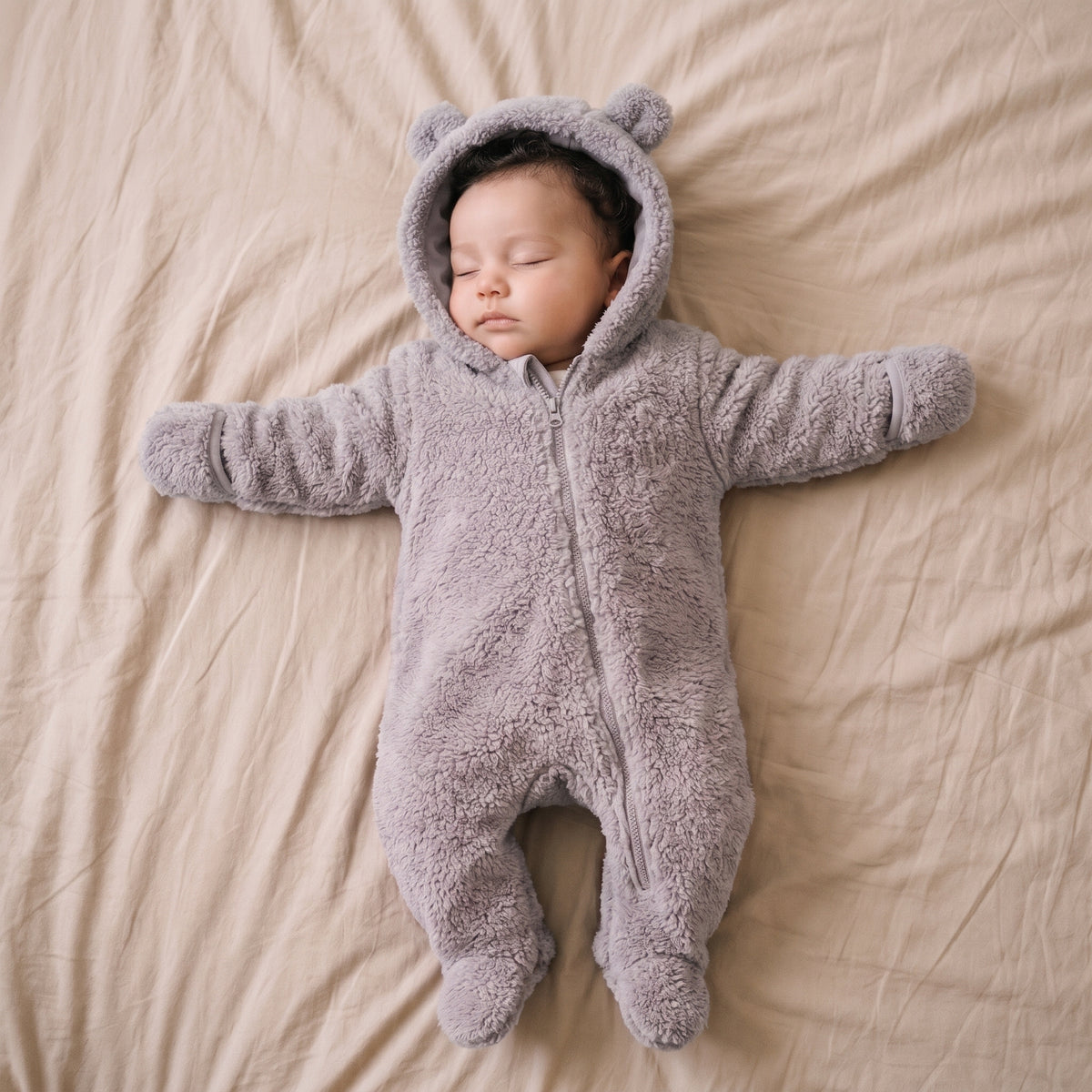 Bébé endormi dans une combinaison bébé polaire peluche grise à capuche ourson