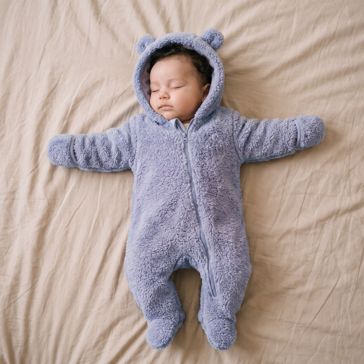 Bébé endormi dans une combinaison bébé polaire peluche bleu ciel à capuche ourson