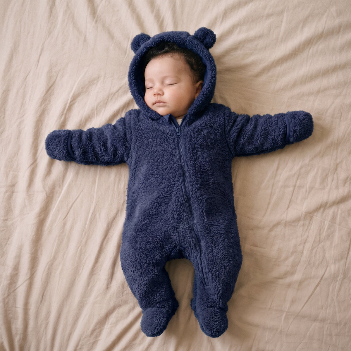 Bébé endormi dans une combinaison bébé polaire peluche bleu marine à capuche ourson