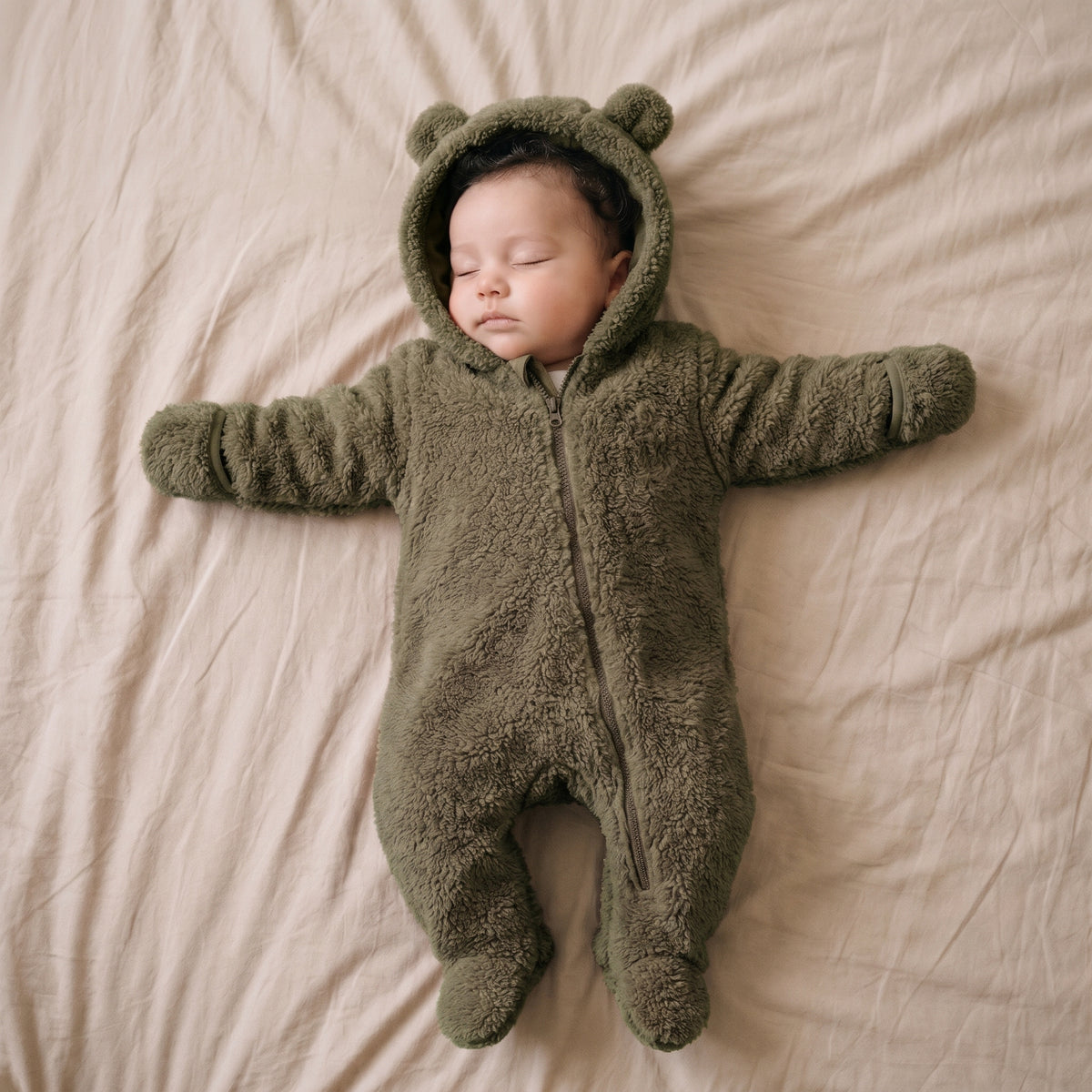 Bébé endormi dans une combinaison bébé polaire peluche vert kaki à capuche ourson