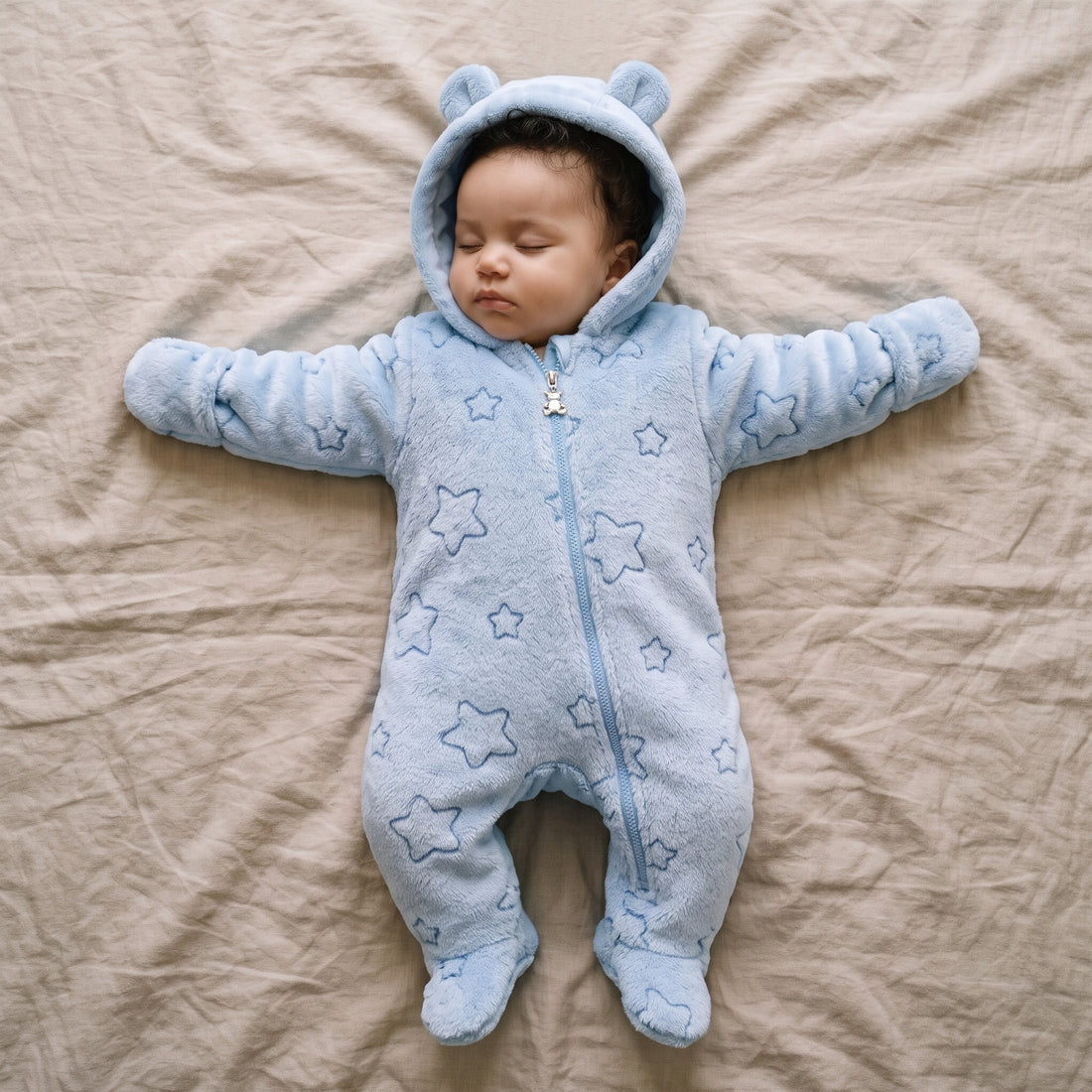 Combinaison Bébé Polaire à Motifs, Capuche Ourson et Moufles – 0-12 mois