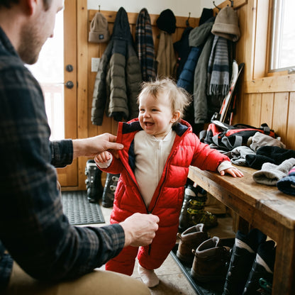 Grenouillère bébé sous-couche écru portée sous une combinaison de ski rouge, papa ferme le zip