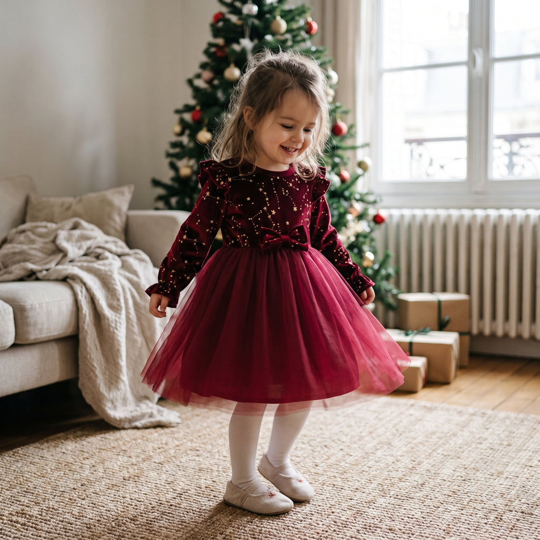 Robe de Noël Fille en Velours à Étoiles Dorées et Tulle – 1-8 ans