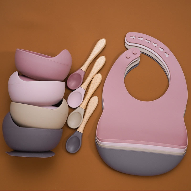 Set Repas Bébé en Silicone Bavoir et Bol Ventouse