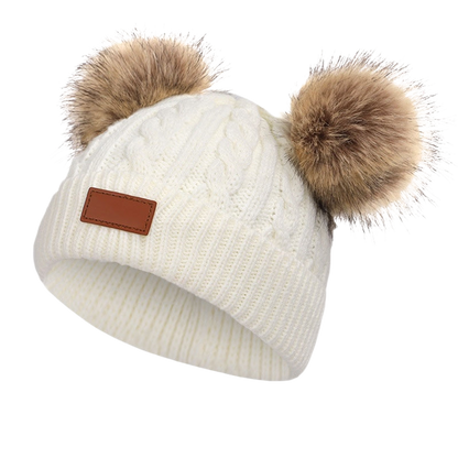 Bonnet bébé hiver maille double pompons coloris blanc