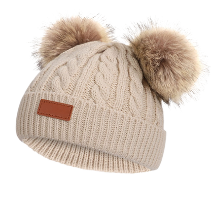 Bonnet bébé hiver maille double pompons coloris beige