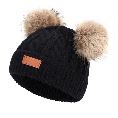Bonnet bébé hiver maille double pompons coloris noir