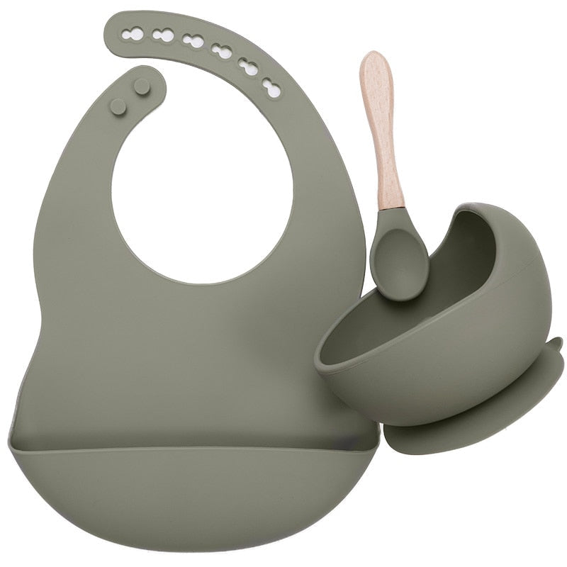 Set Repas Bébé en Silicone Bavoir et Bol Ventouse